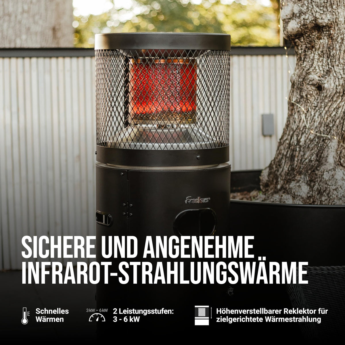 Gas Terrassenheizer Polo Black 2.0 stufenlos regulierbar Reflektionssystem Transporträder Umkippsicherung