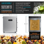 Dörrautomat aus Edelstahl mit 12 Edelstahltabletts, 800 W, 30 bis 90°C, 10000 cm², für Obst, Fleisch, Pilze