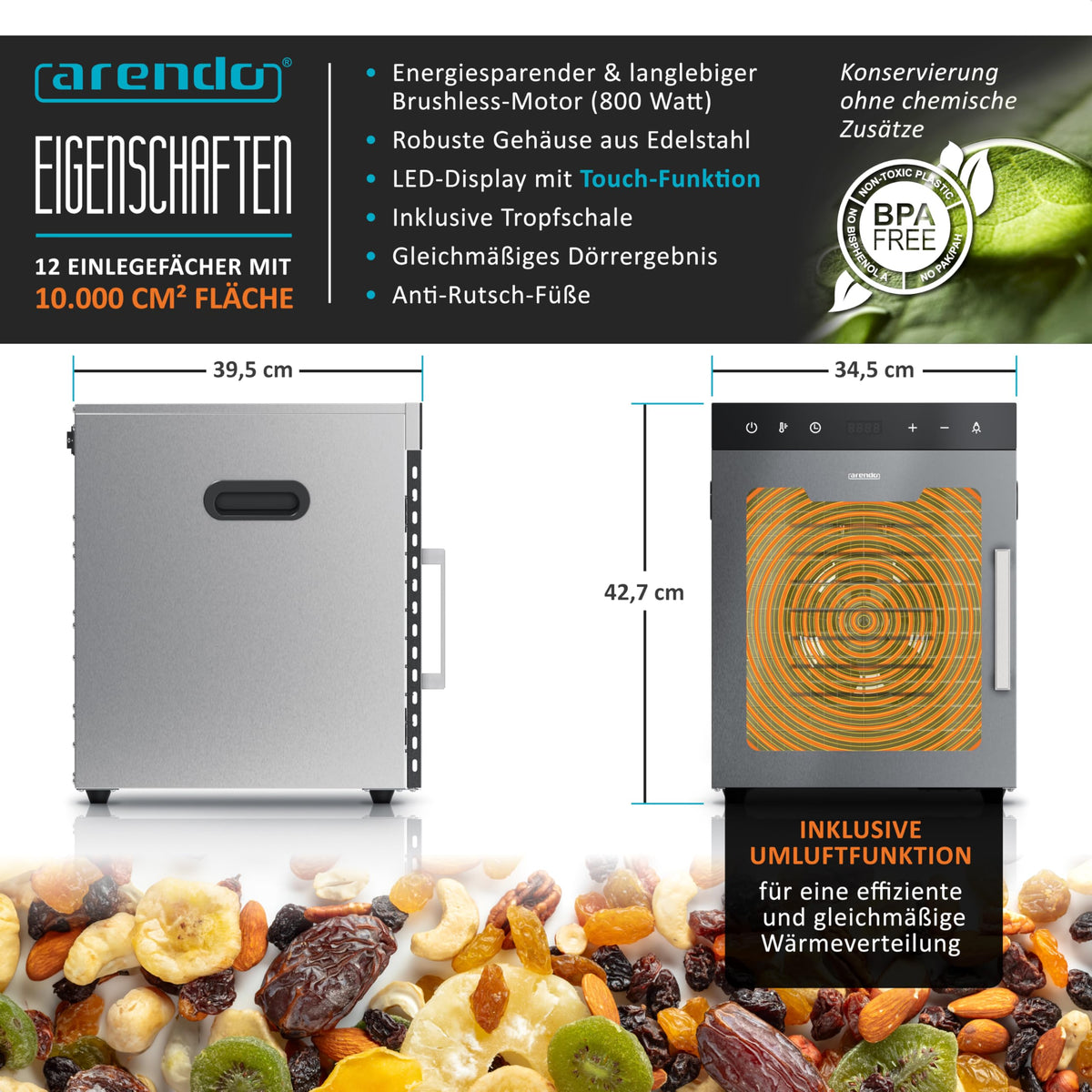 Dörrautomat aus Edelstahl mit 12 Edelstahltabletts, 800 W, 30 bis 90°C, 10000 cm², für Obst, Fleisch, Pilze