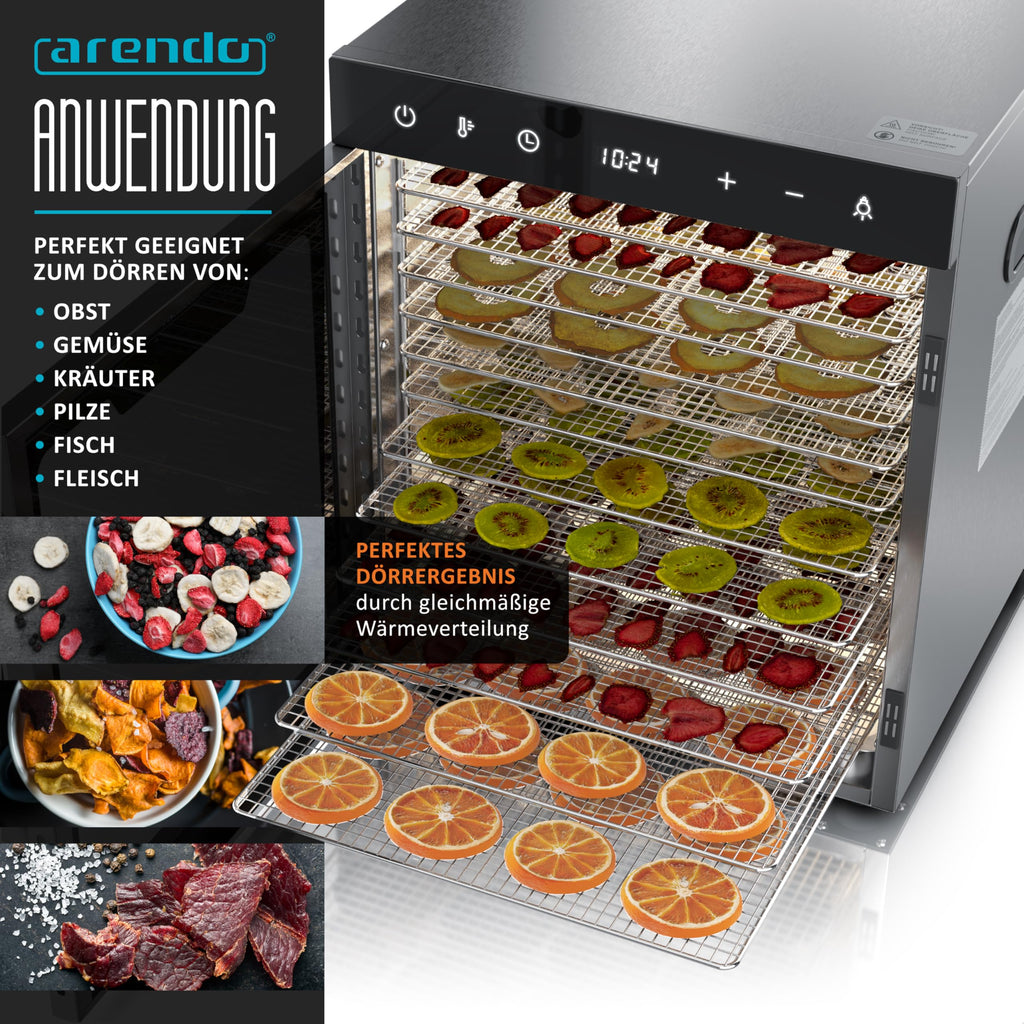 Dörrautomat aus Edelstahl mit 12 Edelstahltabletts, 800 W, 30 bis 90°C, 10000 cm², für Obst, Fleisch, Pilze