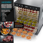 Dörrautomat aus Edelstahl mit 12 Edelstahltabletts, 800 W, 30 bis 90°C, 10000 cm², für Obst, Fleisch, Pilze