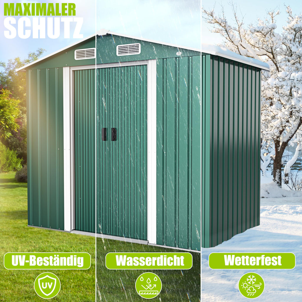 XL Metall Gerätehaus 4,2m³ mit Fundament 195x131x186cm 2x Schiebetür Satteldach Arbeitshandschuhe Grün