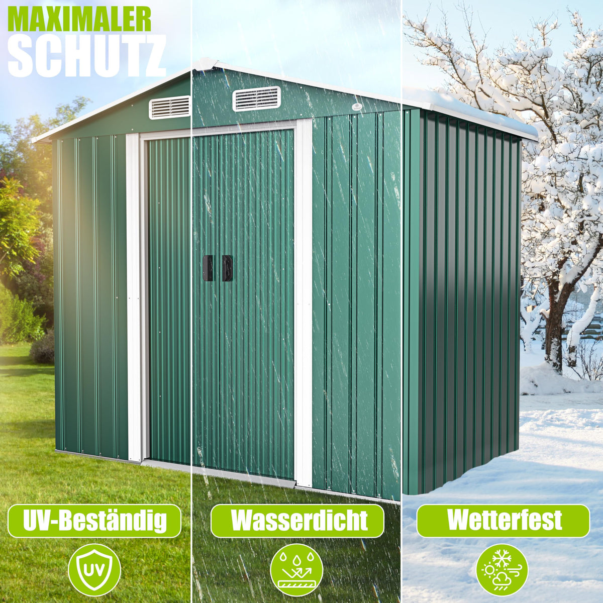 XL Metall Gerätehaus 4,2m³ mit Fundament 195x131x186cm 2x Schiebetür Satteldach Arbeitshandschuhe Grün