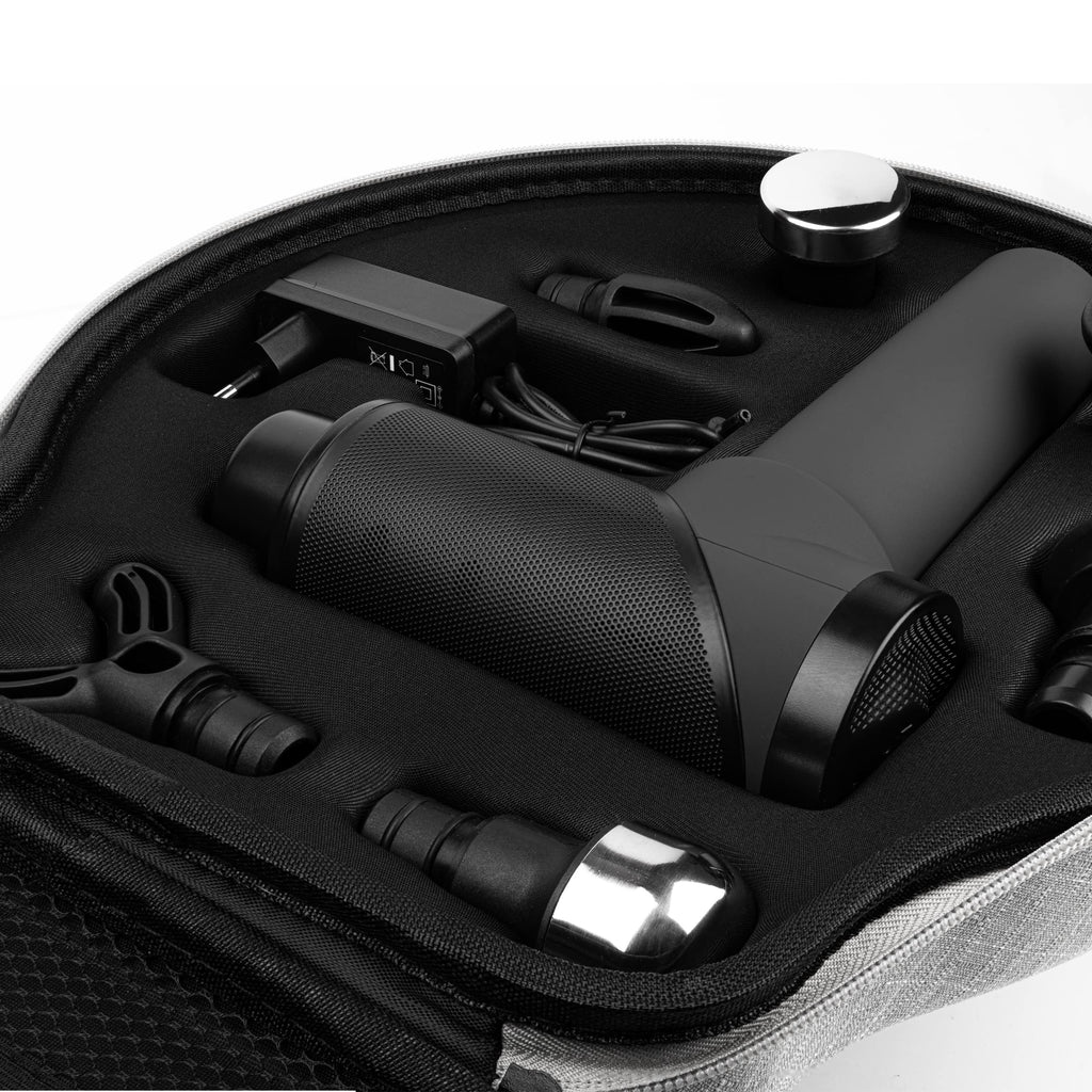 Massagepistole OrthoGun 3.0 mit App, 7 Aufsätzen und Koffer, 160W Motor, 5 Intensitäten, 360 Minuten Laufzeit