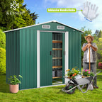 XL Metall Gerätehaus 4,2m³ mit Fundament 195x131x186cm 2x Schiebetür Satteldach Arbeitshandschuhe Grün