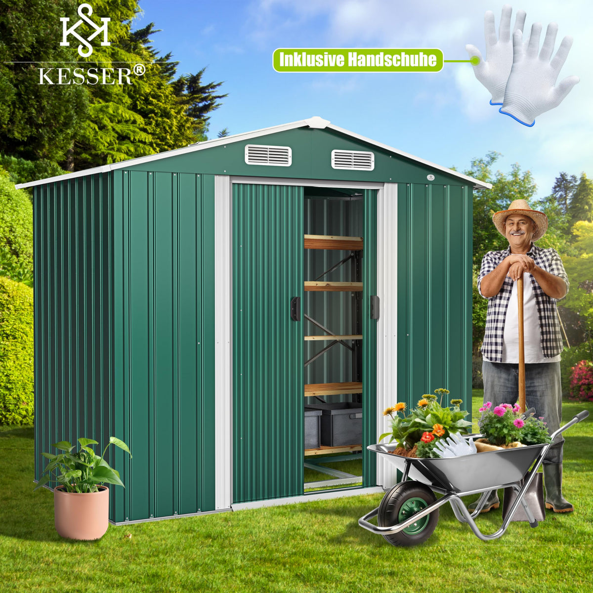 XL Metall Gerätehaus 4,2m³ mit Fundament 195x131x186cm 2x Schiebetür Satteldach Arbeitshandschuhe Grün