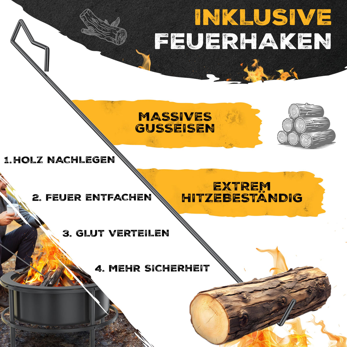 Feuerschale mit Grillrost Ø65cm kaltveredelter Stahl 0,6mm mobil für Holz und Kohle inkl. Feuerhaken