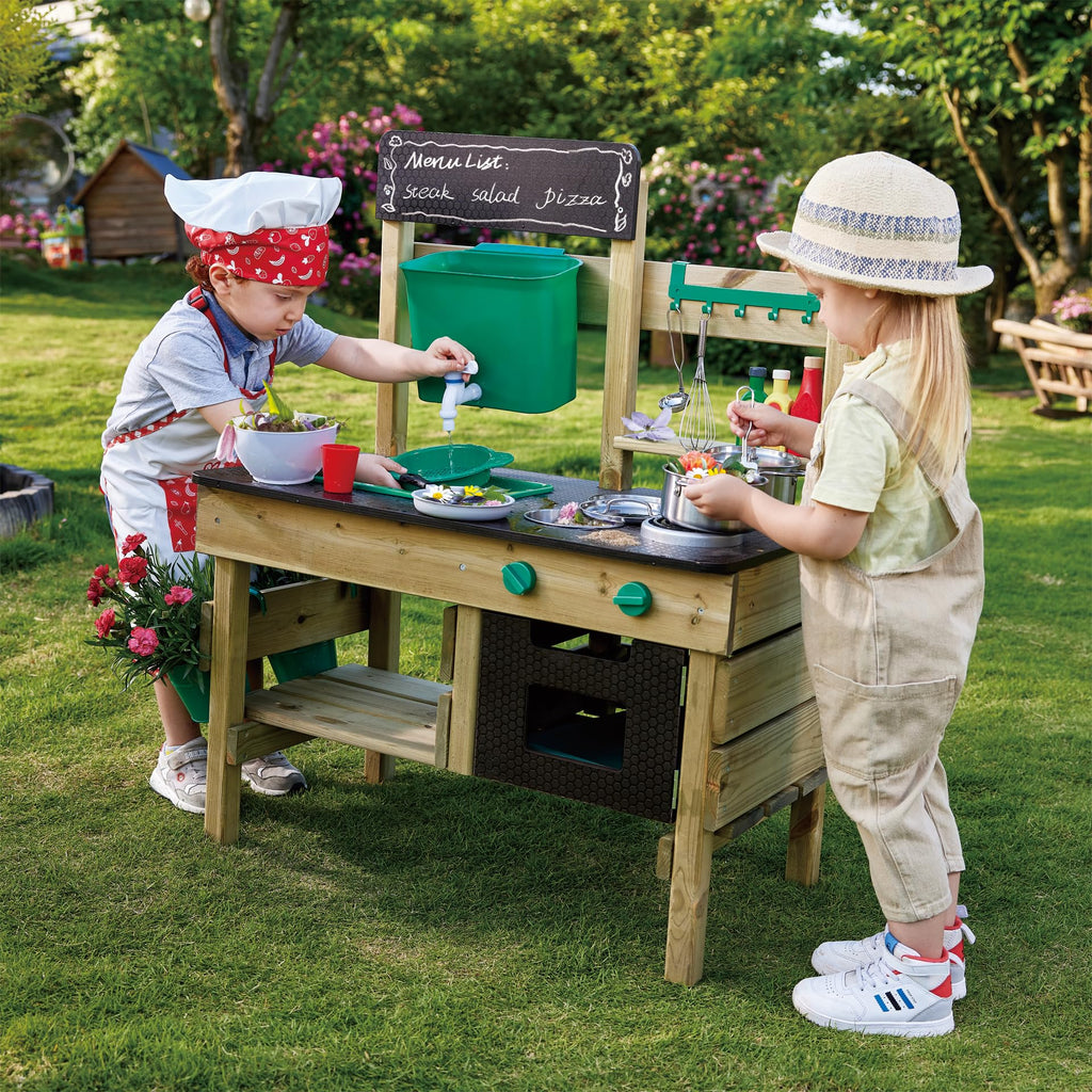 Nature Fun Outdoor Spielküche mit Zubehör aus Holz und pflanzlichem Kunststoff, Matschküche ab 3 Jahren