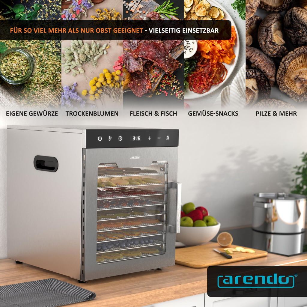 Dörrautomat aus Edelstahl mit 12 Edelstahltabletts, 800 W, 30 bis 90°C, 10000 cm², für Obst, Fleisch, Pilze