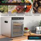 Dörrautomat aus Edelstahl mit 12 Edelstahltabletts, 800 W, 30 bis 90°C, 10000 cm², für Obst, Fleisch, Pilze