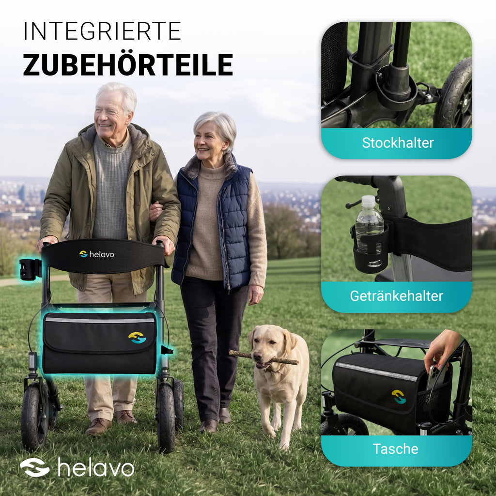 Faltbarer Outdoor Rollator mit Luftbereifung für den Außenbereich als Gehhilfe und Mobilitätshilfe