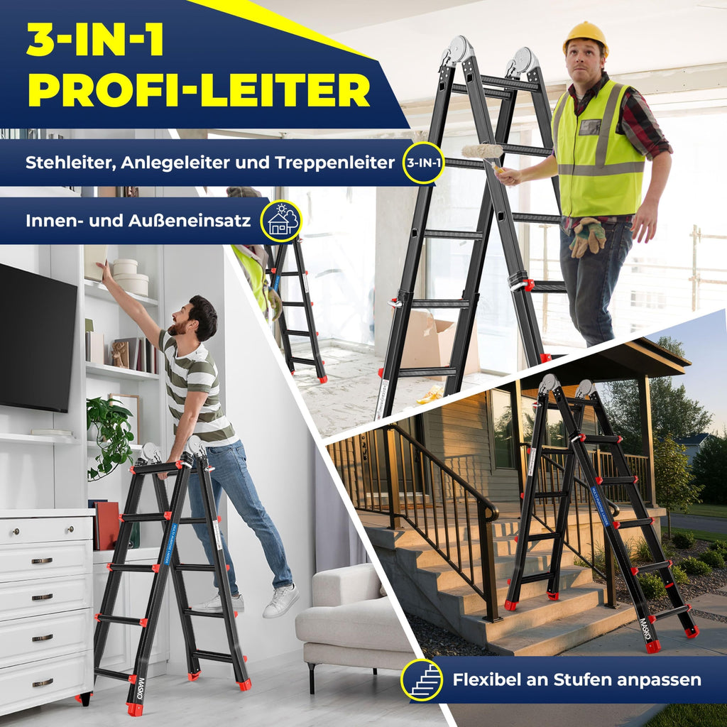 Alu 6in1 Mehrzweckleiter 20 Sprossen 520 cm 150 kg ausziehbar rutschfest Gelenkleiter Anlegeleiter Schwarz