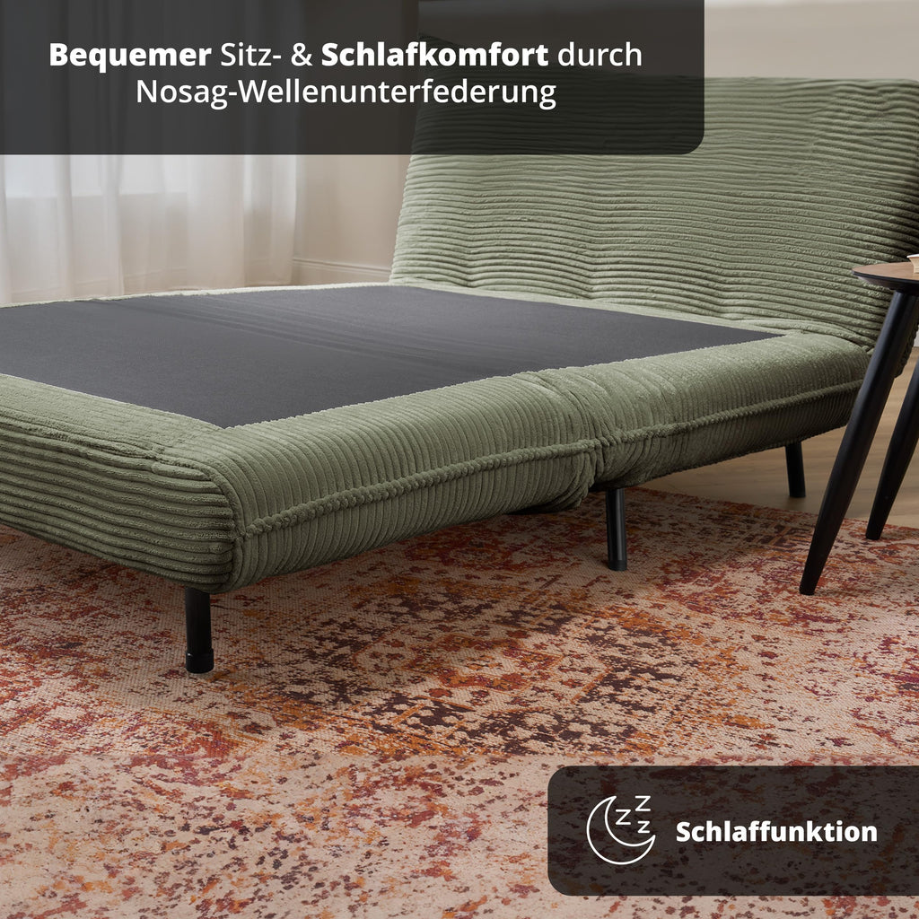 Schlafsessel Grün Cordstoff Liegefläche 193x108 cm Sitzhöhe 42 cm Relax und Schlaffunktion inkl. Nierenkissen