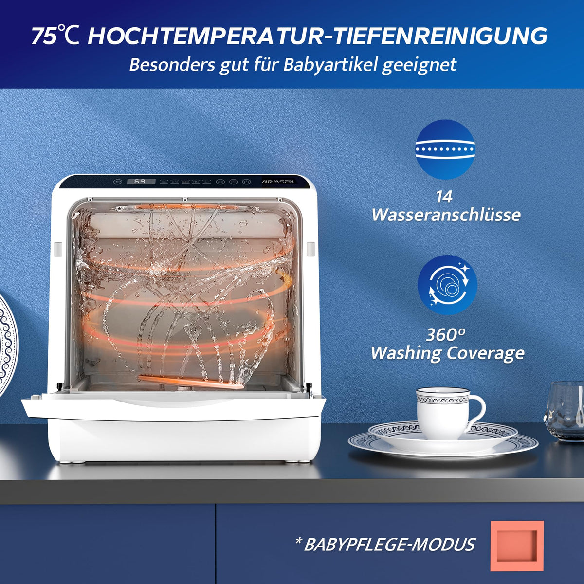 Platzsparender Mini Tischgeschirrspüler mit 5+1 Programmen und Energieklasse D für Zuhause