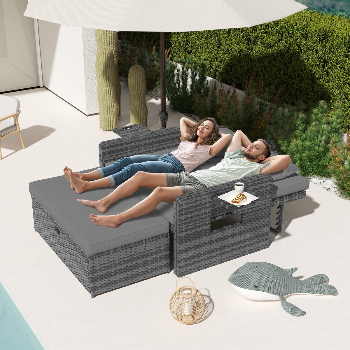 Rattan Gartenlounge Set 2 Sitzer Gartensofa Auflagenbox verstellbare Rückenlehne wetterfest Hocker Kissen Grau