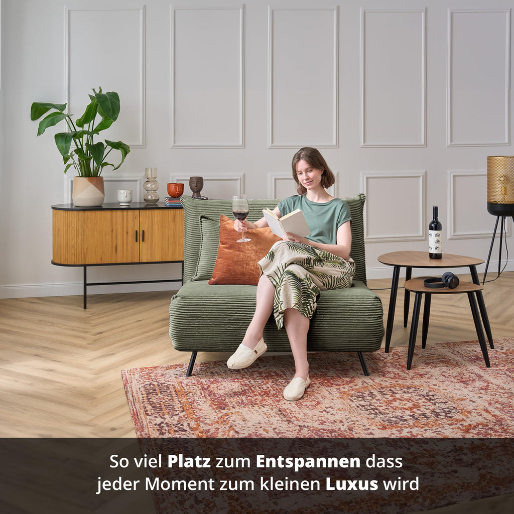 Schlafsessel Grün Cordstoff Liegefläche 193x108 cm Sitzhöhe 42 cm Relax und Schlaffunktion inkl. Nierenkissen