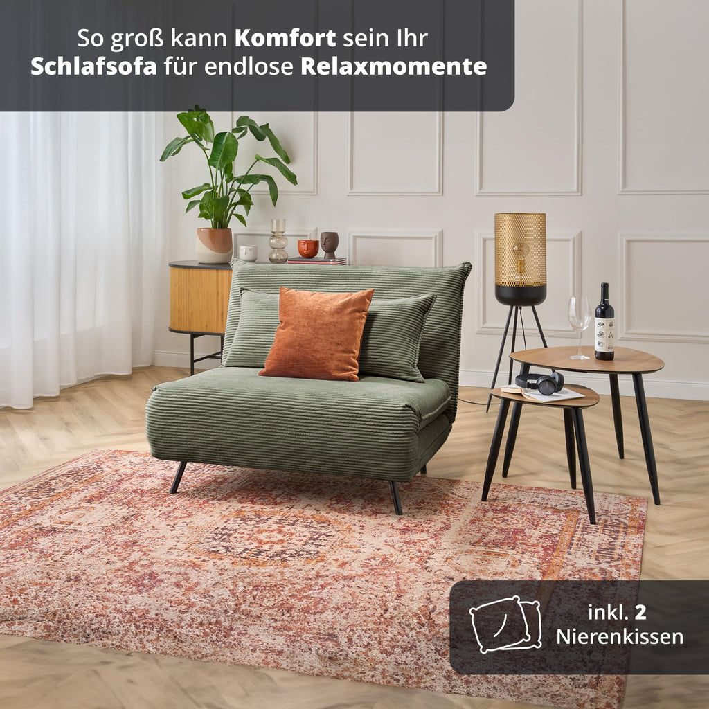 Schlafsessel Grün Cordstoff Liegefläche 193x108 cm Sitzhöhe 42 cm Relax und Schlaffunktion inkl. Nierenkissen