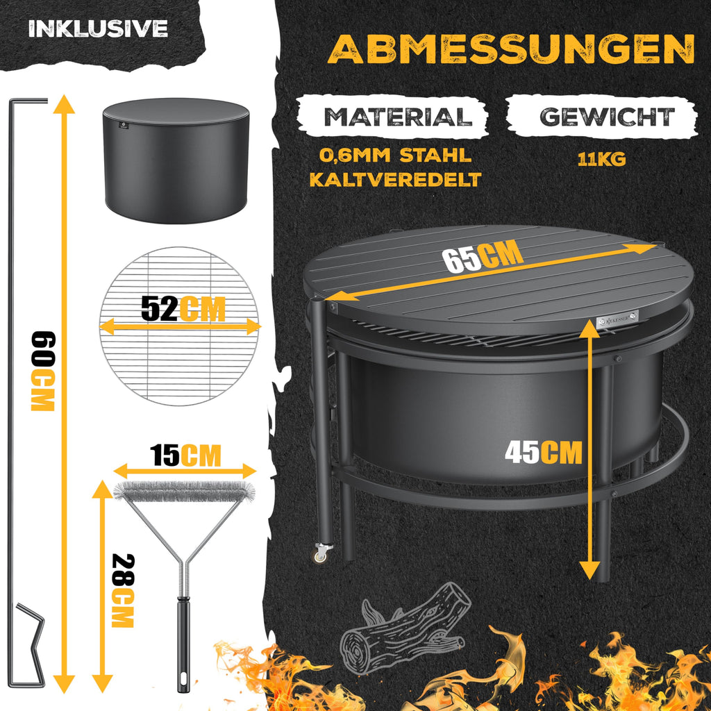 Feuerschale mit Grillrost Ø65cm kaltveredelter Stahl 0,6mm mobil für Holz und Kohle inkl. Feuerhaken