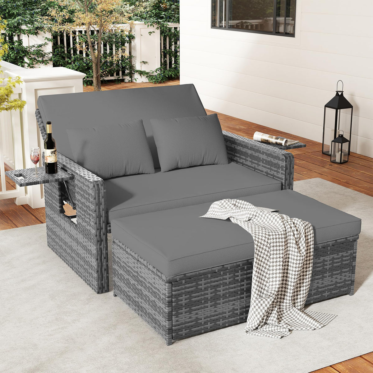 Rattan Gartenlounge Set 2 Sitzer Gartensofa Auflagenbox verstellbare Rückenlehne wetterfest Hocker Kissen Grau