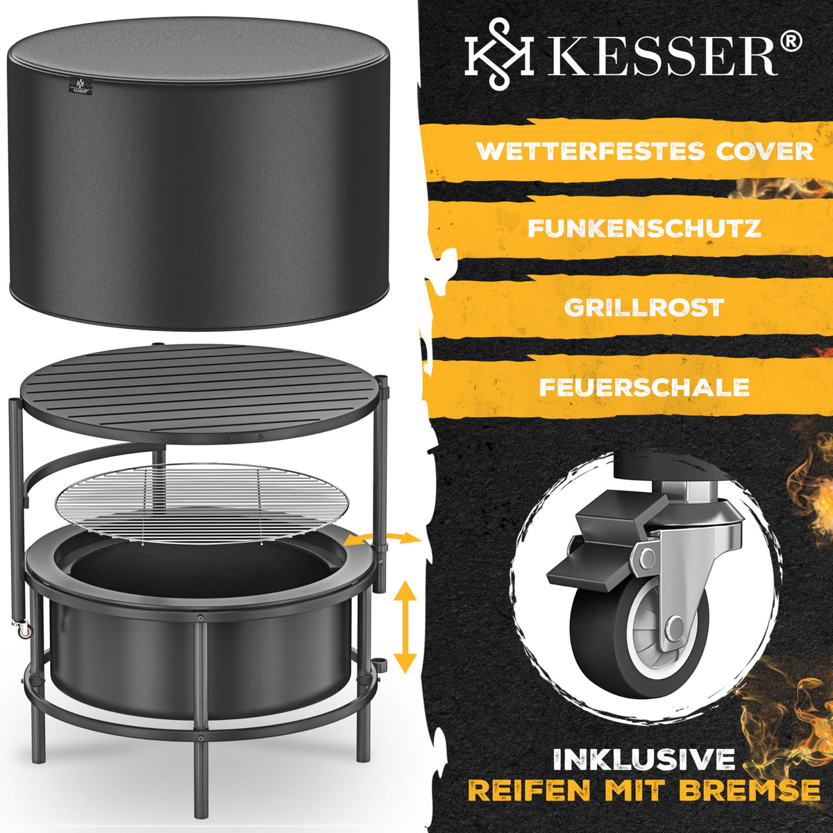 Feuerschale mit Grillrost Ø65cm kaltveredelter Stahl 0,6mm mobil für Holz und Kohle inkl. Feuerhaken