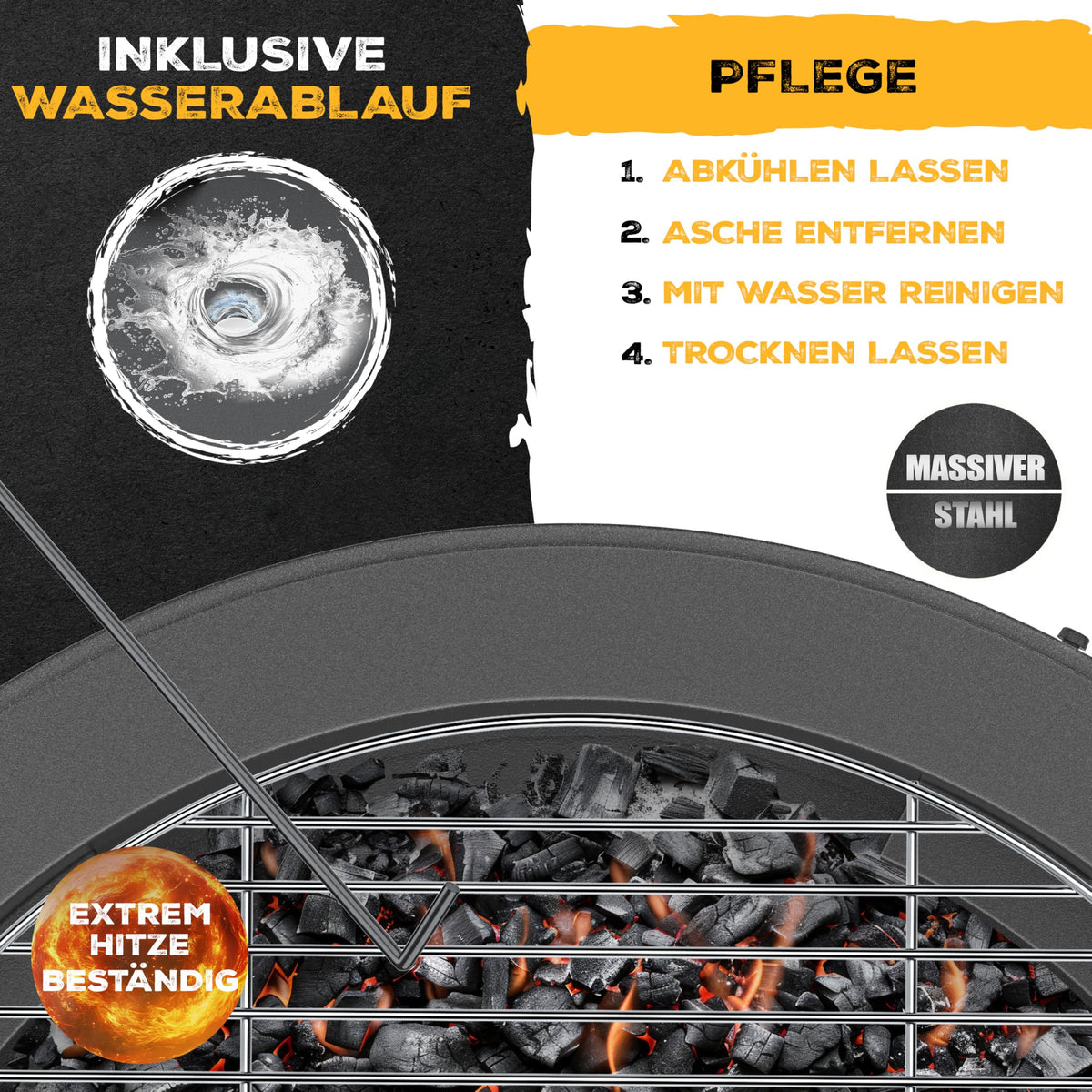 Feuerschale mit Grillrost Ø65cm kaltveredelter Stahl 0,6mm mobil für Holz und Kohle inkl. Feuerhaken