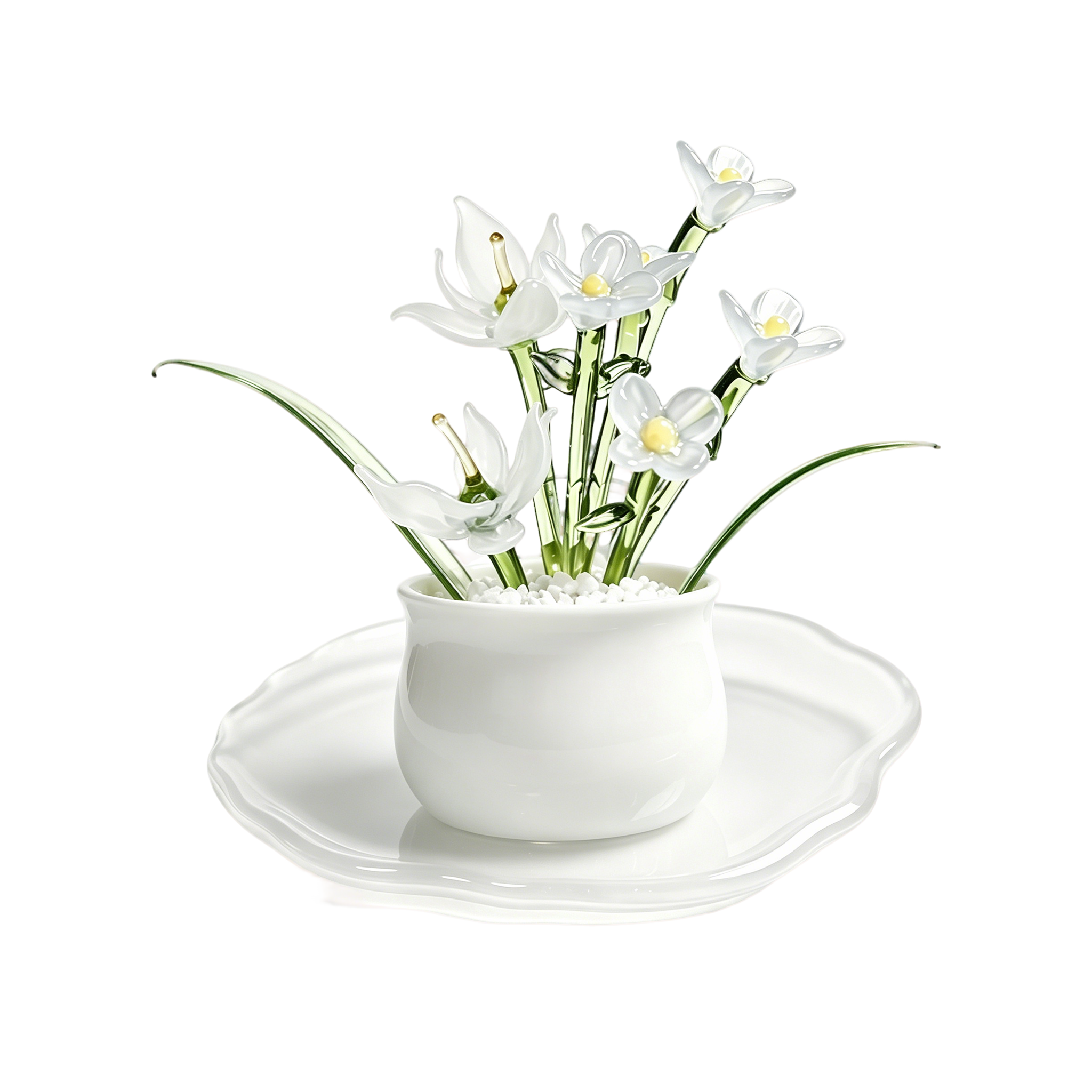 Glasblumentopf-Set, Miniatur künstliche Pflanze, Schreibtischdekoration, Weiß
