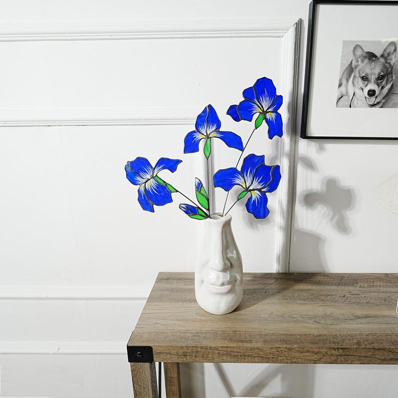 Blaue Iris Glasmalereiblumen 4er Set, Kunstblumen 45cm