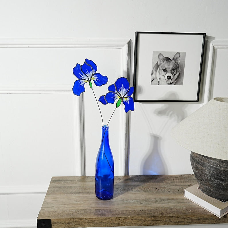 Blaue Iris Glasmalereiblumen 4er Set, Kunstblumen 45cm