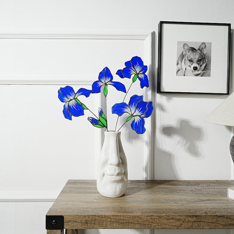 Blaue Iris Glasmalereiblumen 4er Set, Kunstblumen 45cm