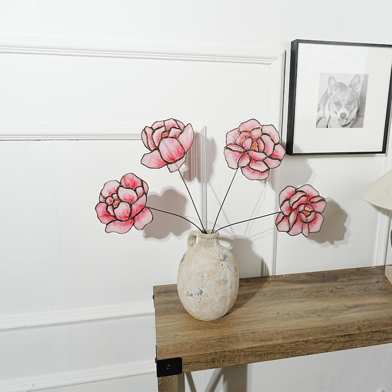 Rosa Glasmalerei-Pfingstrosenblumen 4er-Set, 43 cm Höhe, Kupferdrahtstiele