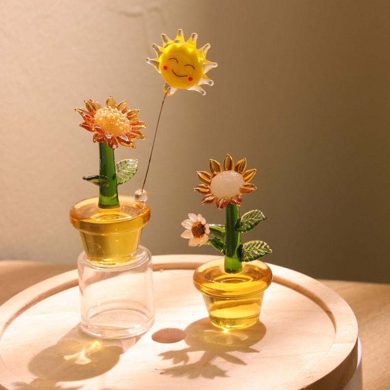 Glas Sonnenblume Figurine, handgefertigte Glasblume, Mini Ornamente, mundgeblasene Frühlingsblume, Wohnkultur