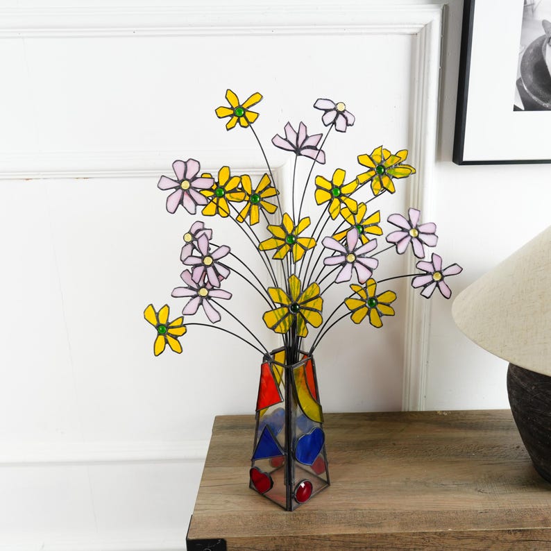 Weißer Gänseblümchen-Blumenstrauß aus Glas: 1,3 Pfund, 20 Stiele, Kupferdraht