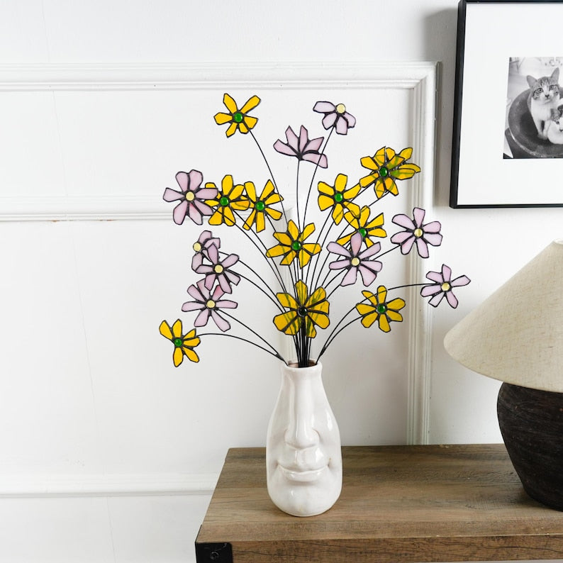 Weißer Gänseblümchen-Blumenstrauß aus Glas: 1,3 Pfund, 20 Stiele, Kupferdraht