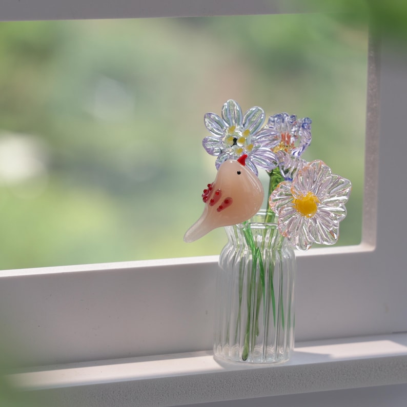 Glasblumen- und Vogelornamente, mundgeblasene Frühlingsblumen, Glassträuße