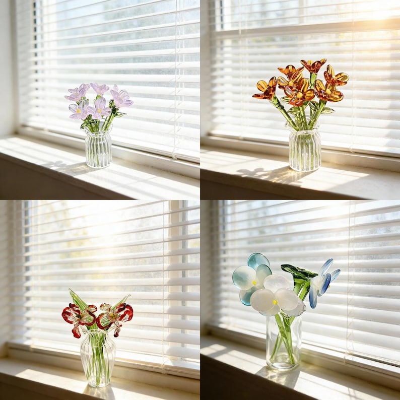 Mundgeblasener Glasblumenstrauß, rosa Blumenskulptur, elegantes Wohndekor