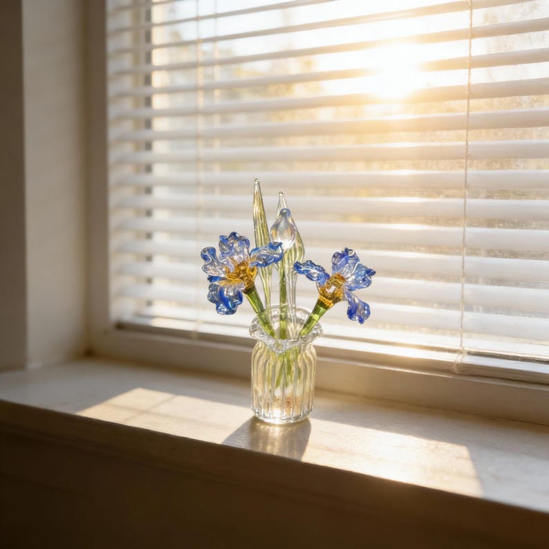 Mundgeblasene Glas Blue Iris Blume Handwerker Wohndekor