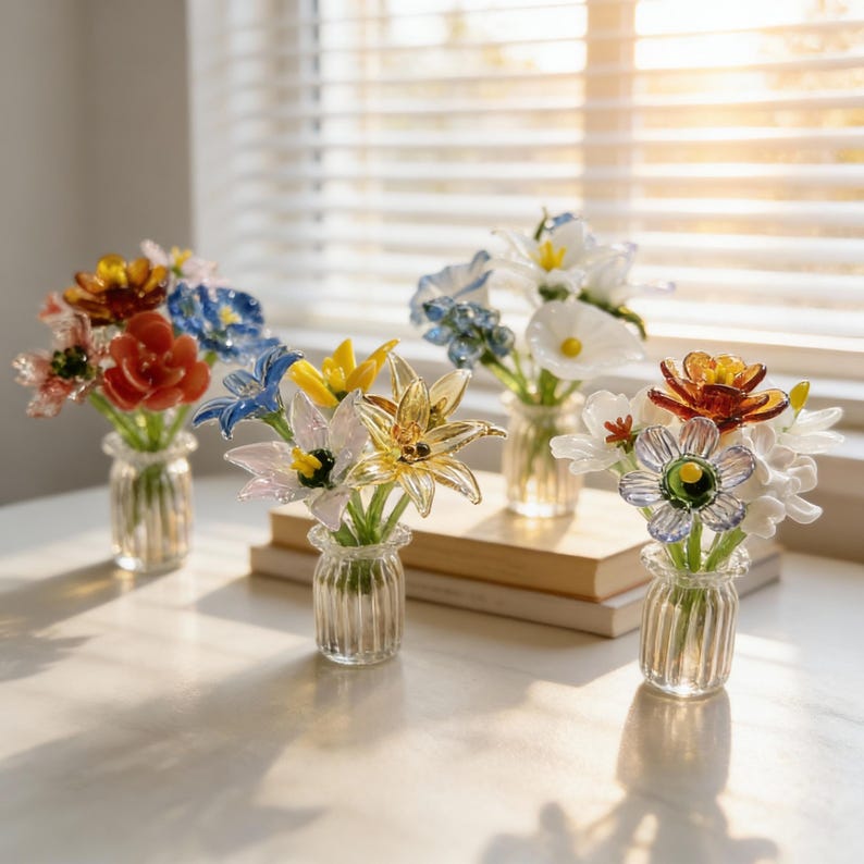 Glas Blumenstrauß Mini, Handgefertigte Glasblumen mit Vase, zierliches Blumendekor Ornament