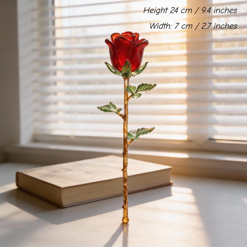 Glas Rose Blumenskulptur Langer Stiel Klarglas Deko