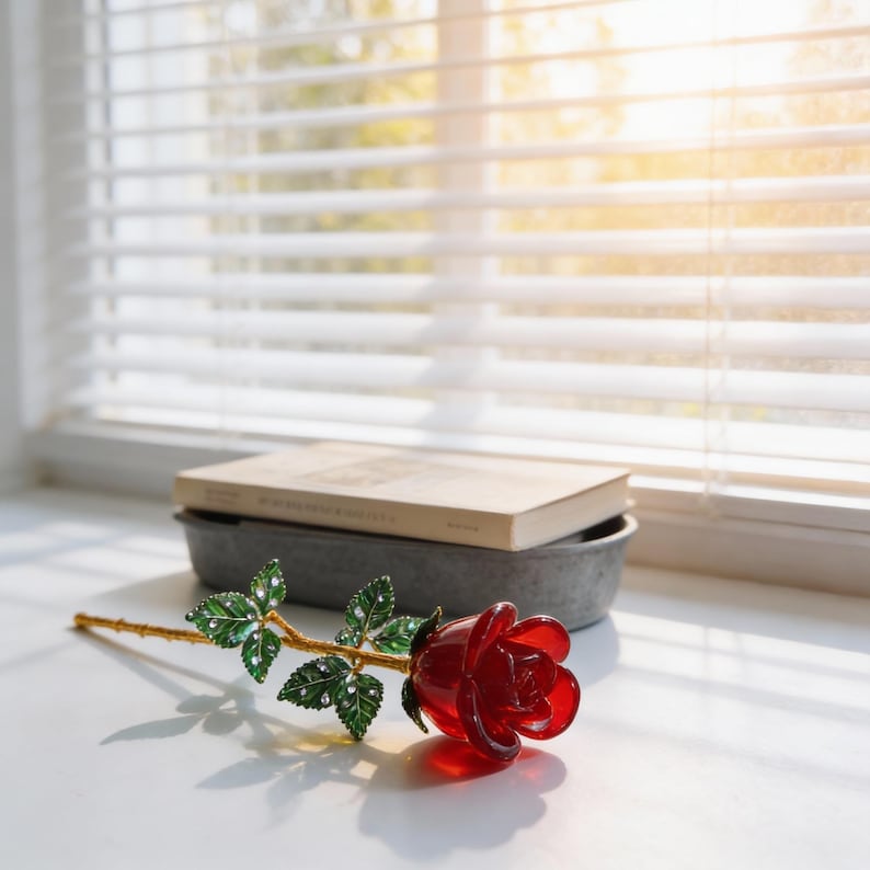 Glas Rose Blumenskulptur Langer Stiel Klarglas Deko