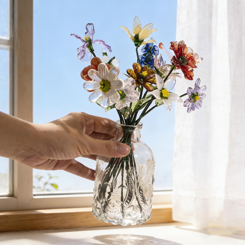 Handgefertigter Glasstrauß – 20 cm Glasvase, Wohndekoration