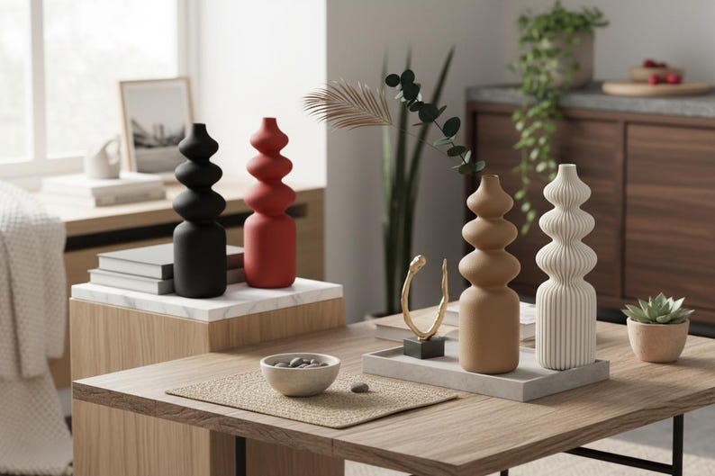 Gerippte und flauschige Moderne Nordische Vase – Skandinavisches Wohndekor, 3 Größen