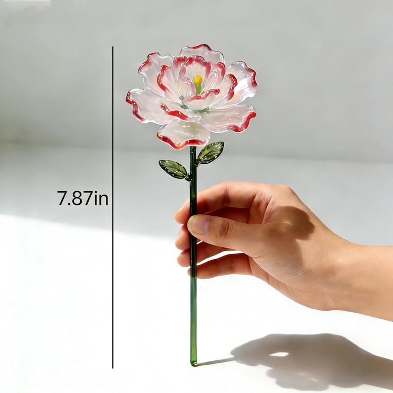 Handgeblasene Glaspfingstrose, rosa Farbverlauf, rote Ränder, 20 cm