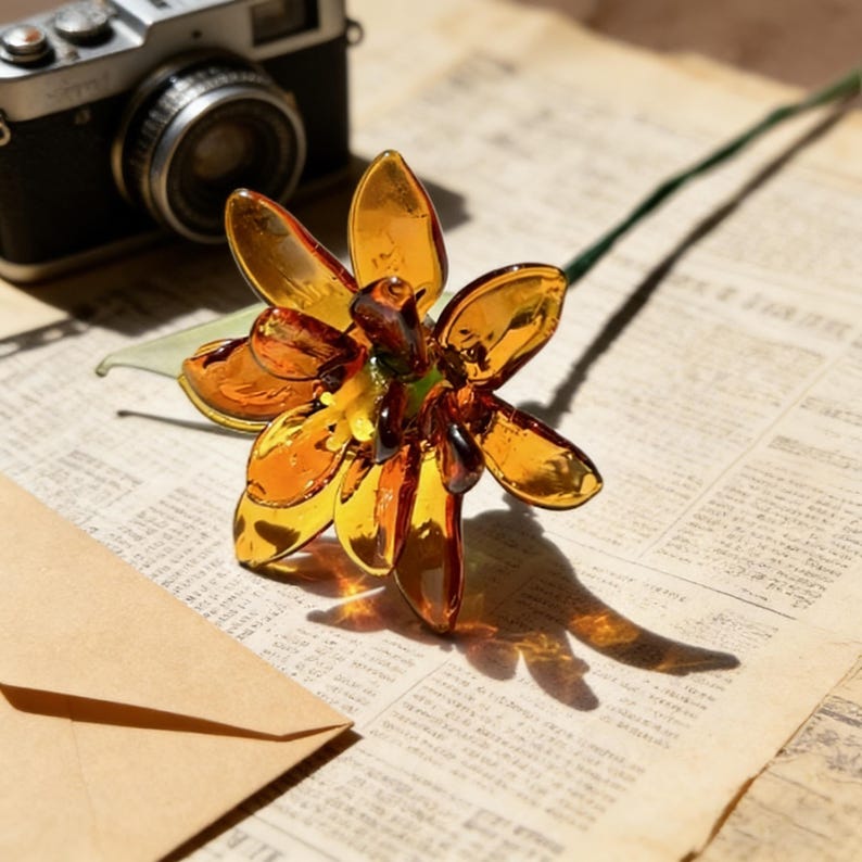 Mundgeblasene Glasringelblume, 20 cm, bernsteinfarben