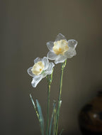 Kunstglas-Narzissenfigur, handgefertigte Blumenskulptur, Frühlingsdekoration, 35 cm, 2 Blüten, 6-7 Blätter