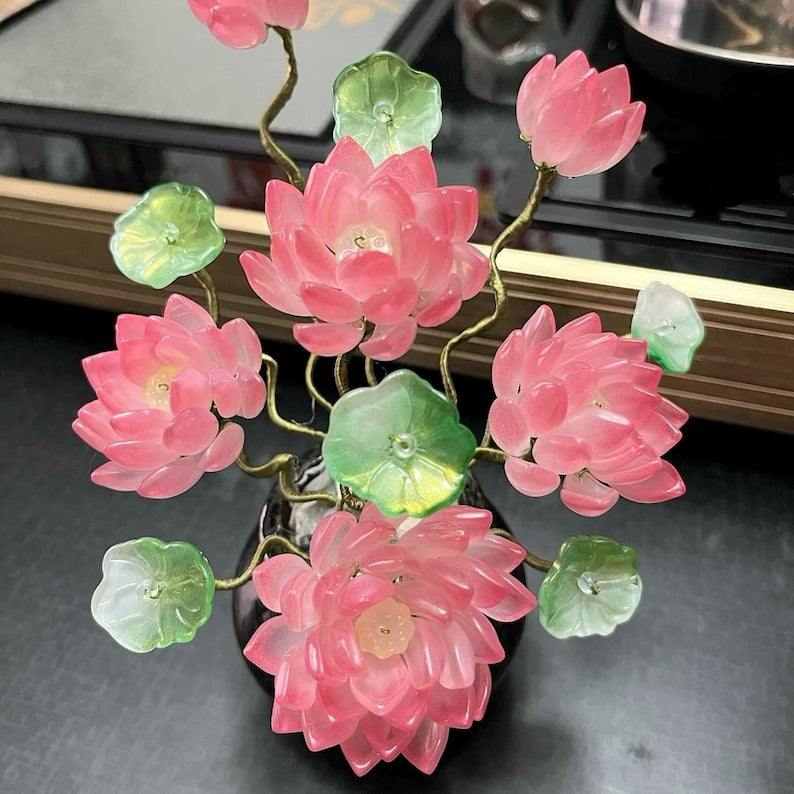 Blaue Glas Lotus Blumendekoration mit Vase, 20 cm Höhe, handgefertigte Kristall Lotus Skulptur für Wohnkultur