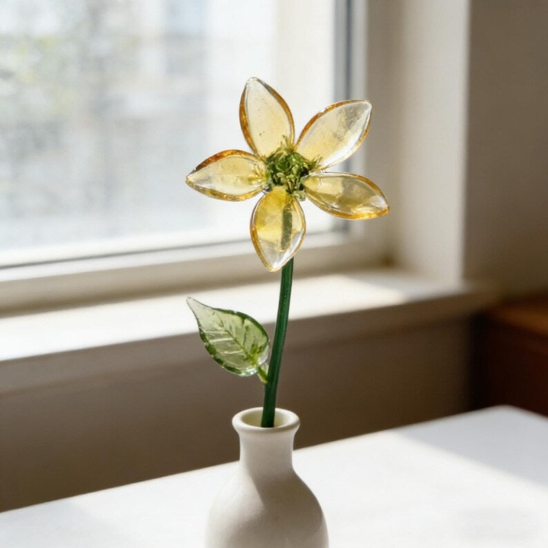 Glaskunst Geißblatt Blüte Bernstein Gold, 20 cm Handgeformte Dekoration