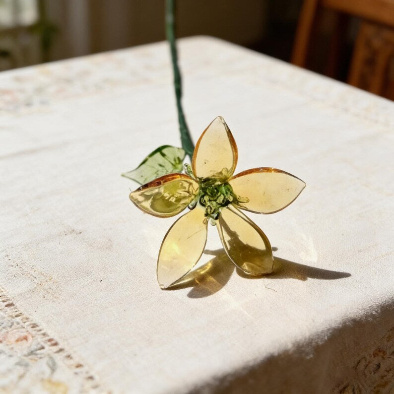 Glaskunst Geißblatt Blüte Bernstein Gold, 20 cm Handgeformte Dekoration