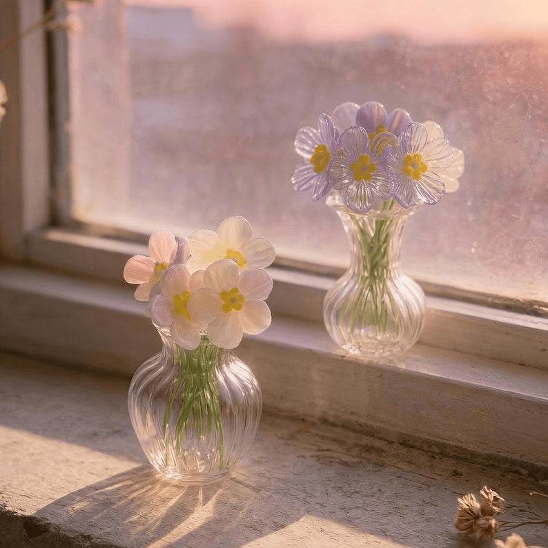 Handgefertigte Glasblumen Vergissmeinnicht, Miniaturblumendekor, Gedenkgeschenk, Lavendel, Rosa, Weiß, Blau