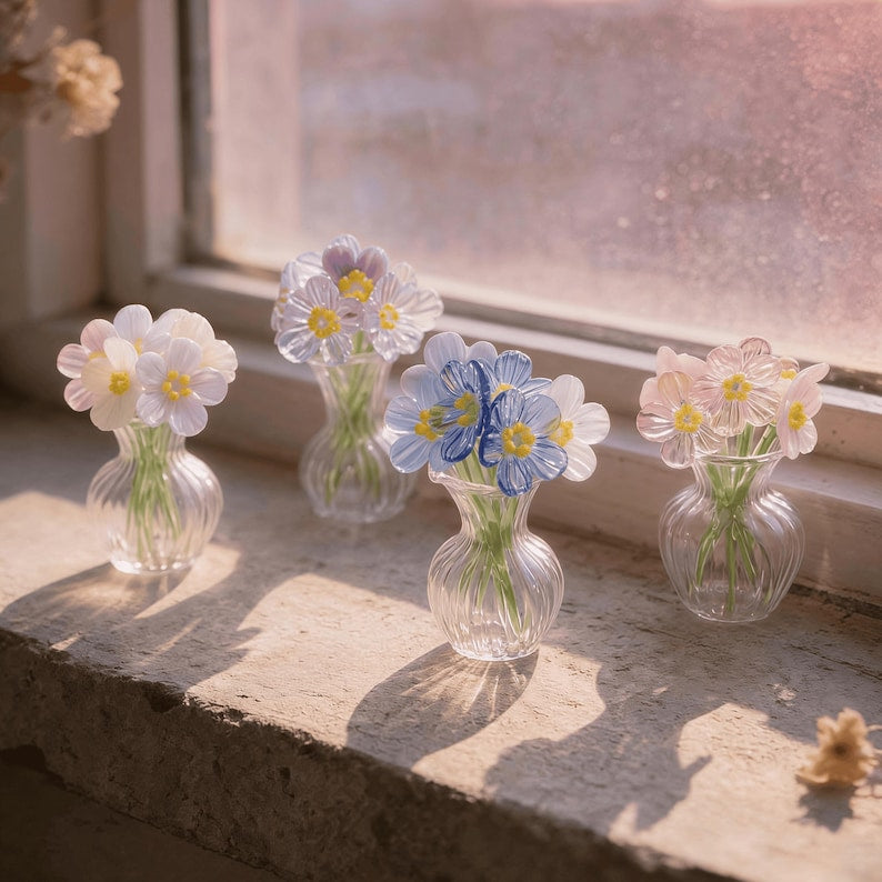 Handgefertigte Glasblumen Vergissmeinnicht, Miniaturblumendekor, Gedenkgeschenk, Lavendel, Rosa, Weiß, Blau