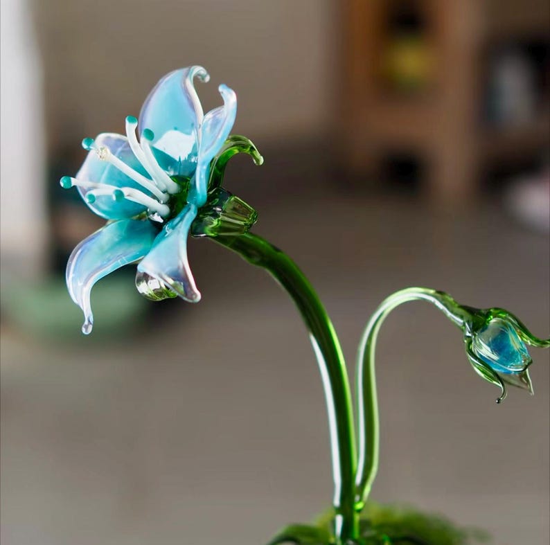 Orychophragmus Glasfigur Lila Wildblumen Skulptur Handgeblasen 20 cm